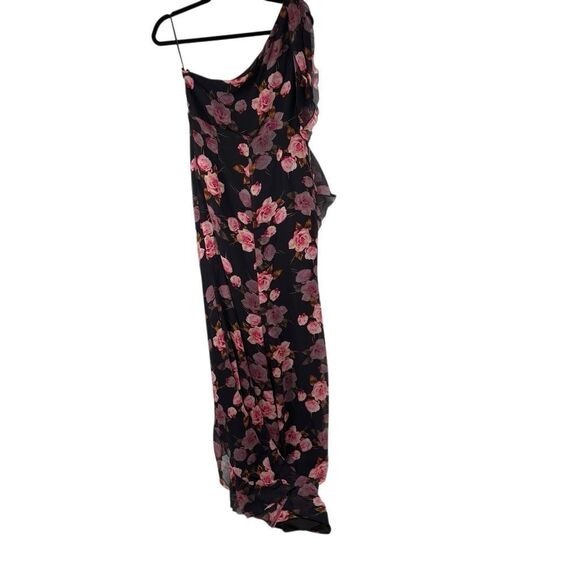 Double Crazy Black Pink Rose One Shoulder High Slit Sexy Cocktail Dress Sz L - Picture 2 of 12